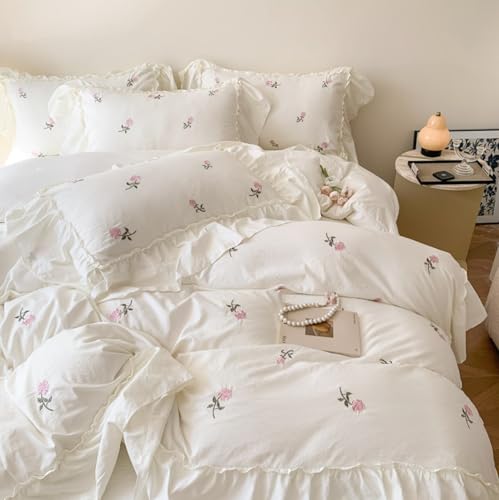 Sedefen Housse de Couette 220x240cm Blanc Volants Parure de Lit Fleurs Broderies Feuille de Lotus...