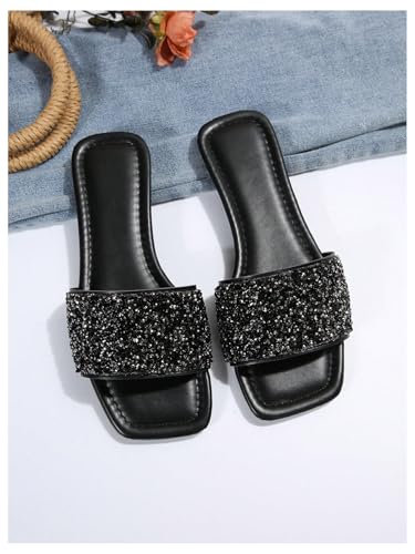 Image of GORGLITTER Women's Sparkly Jeweled Flat Sandals Dressy Open Toe Glitter Shiny Slippers Slip-on Shoes