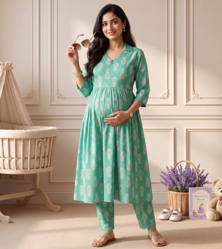 Image of DUMMY SHAPE Maternity Dresses for Women Cotton | Floral Kurta Pant Dupatta Set with Nursing Zippers, Side Pocket | Pre & Post Pregnancy | Feeding Kurti Suit | Baby Shower | Gifts for Pregnant Woman