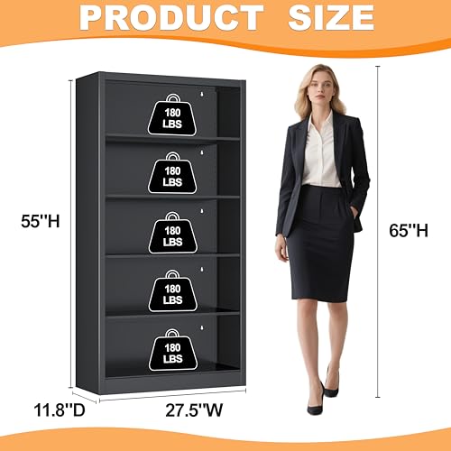 Image of VASAAOSD Black Bookshelf, 55 inch Adjustable Tall Metal Bookshelf, 5-Tier Toy Storage Organizer with Anti-Tilt Device, Modern Book Cases and Book Shelves for Bedroom, Playroom, Classroom, Study