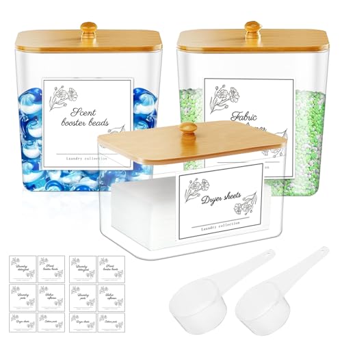 Laundry Room Organization Storage Containers: Laundry Pods Container Dryer Sheet Holder Organizing Storage Jars with Bamboo Lids & 2 Scoops & Labels - for Detergent Powder Scent Booster Beads (3pcs)