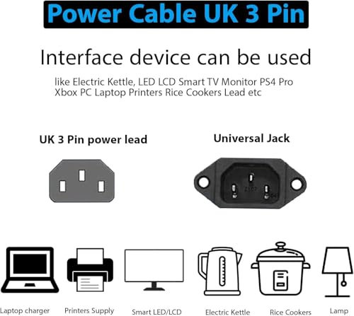 Kettle Lead Power Cable, IEC C13 to UK Plug, Mains Lead for PC, Monitor, Printer, Laptop, Desktop, 1.5M/5FT Power Supply Cord, Durable & Safe Power Cable