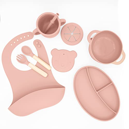 Pink-8 Pieces Silicone Baby Feeding Set- Baby Led Weaning Supplies - Baby Eating Supplies, Toddler Plates, Toddler Eating Utensils, Baby Bowls and Infant Spoons, Bib, Sippy Cup,