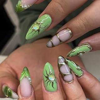 Lilbitty 24 Stück Grüne Goth Mandel-Press On Nägel Set für Halloween – Y2K Lange Fake Nägel mit Sonnenstein, Gel, Kleber und Zubehör
