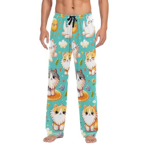 Men's Pajama Pants Cute Cats Happy Life Sleep Pajama Lounge Pant with Pockets, Elastic Waistband