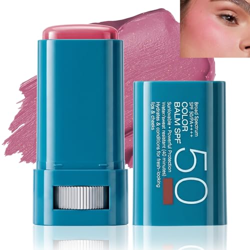 Sunscreen Blush Stick for Cheeks SPF 50 Blendable Cream Color Balm Lip SPF Waterproof Hydrating Tinted Solid Moisturizer Stick for Glow Face Makeup (04# Violet Haze)