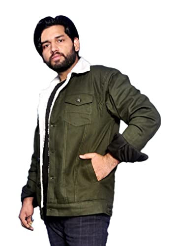 ATHRZ Men Woolen Fur Winter Full Sleeve Denim Jacket Green - Image 5