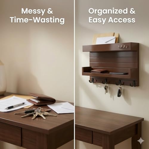 Image of Key Holder for Wall with Mail Shelf & 4 Hooks | Engineered Wood (Brown, 36D x 23W x 10H Centimeters)