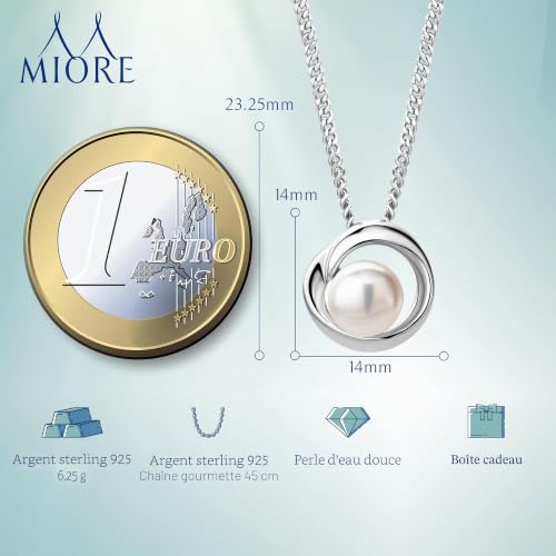 Collier perle chaine argent 925 gourmette 45 cm et pendentif or Miore