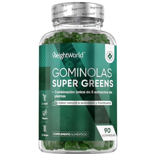 Super Greens Suplemento de 90 Gominolas - 8 Super Alimentos Moringa, Hierba de Cebada, Chlorella, Apio, Alcachofa - Multivitaminas Gominolas con Vitamina B12 y Zinc - Sabor a Arándanos y Frambuesa