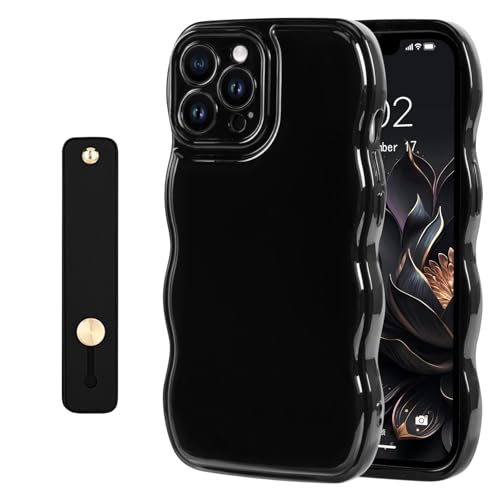 NITITOP Coque pour iPhone 15 Pro Mignonne Simple et Ondulée avec Dragonne Ajustable Poignée de Maintien en Main Femmme Fille Housse de Protection en Silicone Souple-Noir