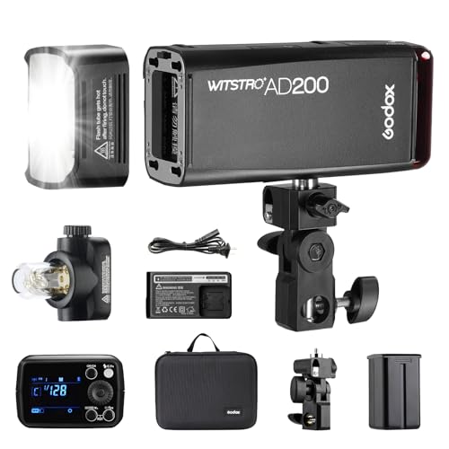 Godox AD200 200Ws 2.4G TTL Speedlite Flash Strobe, HSS 1/8000s Pocket Monolight with 2900mAh Battery, Bare Bulb Flash Head, 0.01-2.1s Recycle Time, 500 Full Power Flashes
