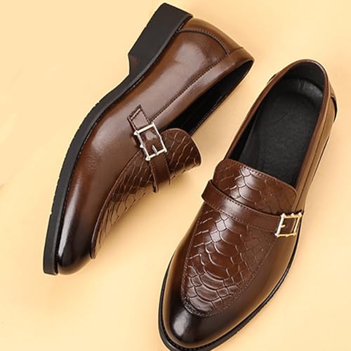 Men's Textured Chunky Heel Retro Loafers Classic Pointed Toe Buckle Decoration Non-Slip Slip-On Business Leather Shoes for Wedding, Work, Office4