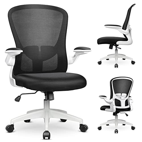デスクチェア, MFAVOUR 椅子 オフィス オフィスチェア パソコンチェア イス 跳ね上げ式アームレスト 疲れない椅子 コンパクト 通気性 360度回転 座面昇降 強化ナイロン 静音PUキャスター 勉強 事務 テレワーク 一年間無償部品交換保証