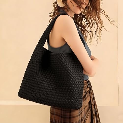 Image of Woven Tote Bag For Women, Large Vegan Leather Travel Handbag, Casual Work Shoulder Bag, Underarm Commuter Hobo Bag With Purse