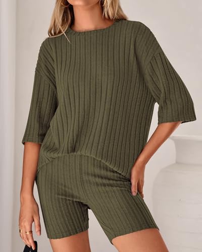 Image of KIRUNDO Short Sets For Women Summer 2 Piece Matching Lounge Sets Casual Rib Knit Tshirts Biker Shorts Beach Vacation Outfits