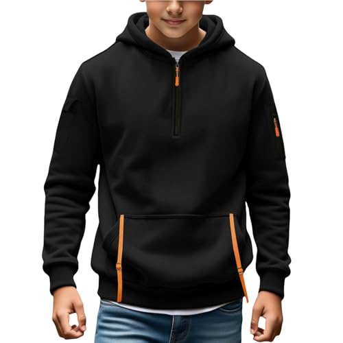 Boys Hoodies Pullover Long Sleeve Quarter Zip Hooded Sweatshirts With Kangaroo Pocket Trendy Fashion Tops For Kids Black 16-17 Years