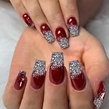 MISUD Press on Nails - Long Coffin Fake Nails with Burgundy, Acrylic Bling Glitter Design 24 pcs