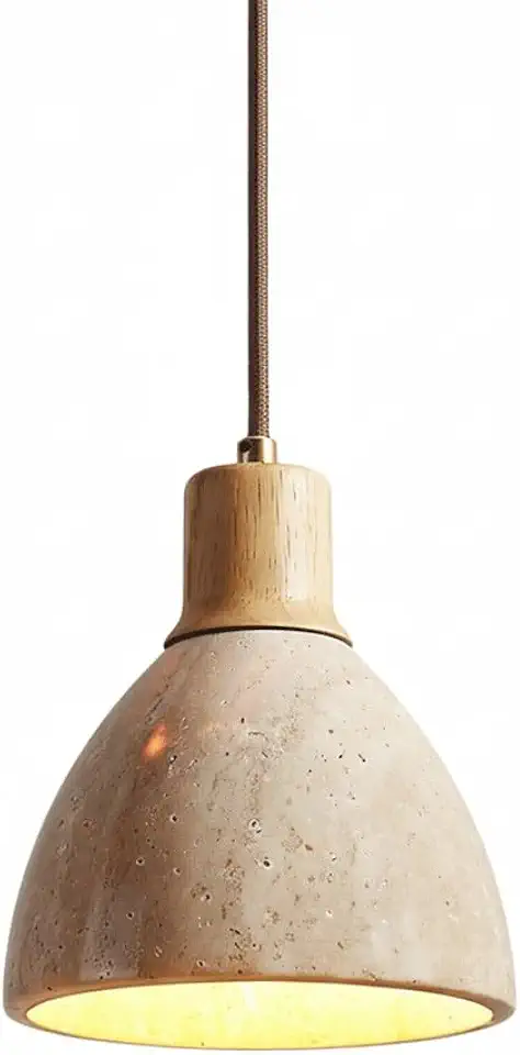 Luminária pendente de travertino, luminária suspensa de pedra natural com tampo de madeira maciça, luminária de cúpula E26/E27, cabo ajustável para ilha de cozinha, cabeceira(Wood Color)