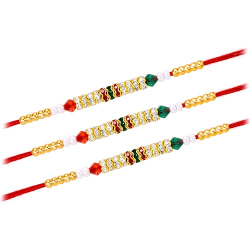 Image of Peora Om Shree Ram Swastik Rakhi for Brother Bhaiya | Crystal & Beads Studded | Red Thread | Raksha Bandhan Hamper with Roli Chawal Greeting Card
