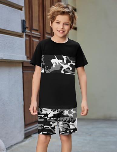 Image of Arshiner Boys' 2-Piece Cotton Outfit Color Block T-Shirt and Shorts Set Summer Camo Clothes for Kids 5-14 Years