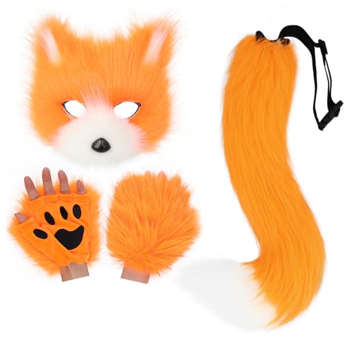 HAOAN Faux Fur Cat Masks Fox Tail and Paw Gloves Set Plush Halloween Parties Cosplay Costume Accessories