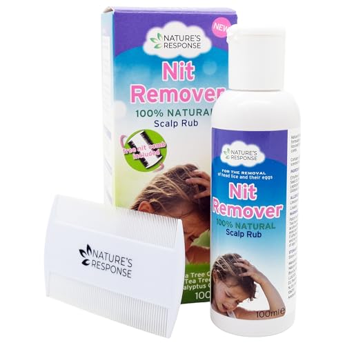 Natures Response Nit Remover 100% Natural Head Lice & Egg Removal Treatment with Tea Tree Lemon-Scented Tea Tree & Neem Oils Gentle Scalp Rub with Nit Comb for Family Use 100ml Bottle
