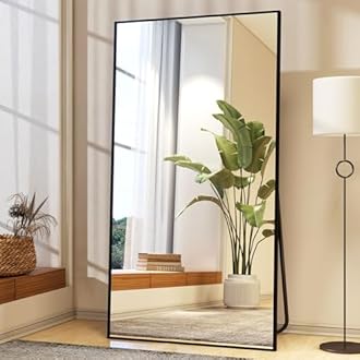 34"x76" Full Length Mirror with Stand, Large Rectangular Floor Mirror for Bedroom, Living Room or Closet, Wall-Mounted or Freestanding, Black Aluminum Alloy Frame