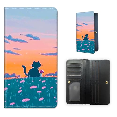 RFID Blocking Leather Wallet for Women and Men, Cat Mushroom and Meadow Compact Bifold Credit Card Holder with RFID Protection, Small Ladies Slim Minimalist Wallet