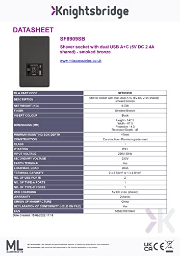 Knightsbridge Screwless Shaver socket with dual USB A+C (5V DC 2.4A shared) - matt black - Image 2