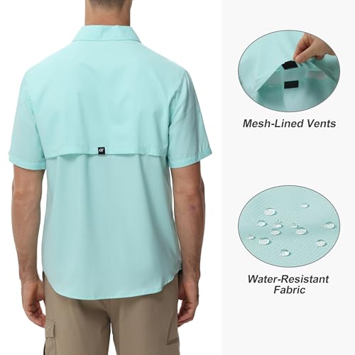 Satankud Camisa masculina de manga curta, com proteção solar, leve, para caminhada, trabalho, botão,