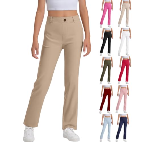 ZGTWHZY Girl Uniform Pants,Girls Uniform Pants Kids Stretchy Elastic Waist Flare Straight Wide Leg Dress Pant with Pockets for 5-16 Years Cute Teen Girl School Preppy Clothes,Khaki,140=9-10 Years