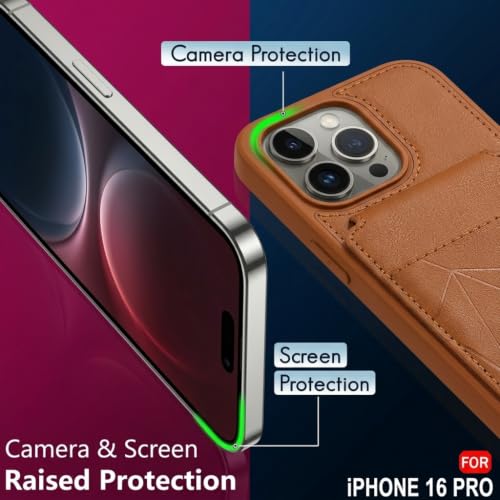Image of amazon basics Premium Vegan Leather Back Cover with Card Holder and Integrated Mobile Stand for iPhone 16 Pro - Slim Shockproof Wallet Case with Geometric Stitching [Tan]