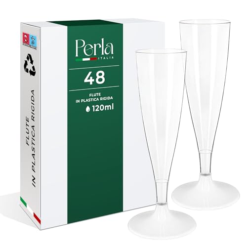Perla - 48 Flute Plastica - Calici Plastica Rigida 120ml - Bicchieri da Champagne Trasparenti - Calice Lavabile e Riutilizzabile per Feste Matrimoni e Compleanni (Gambo Bianco)