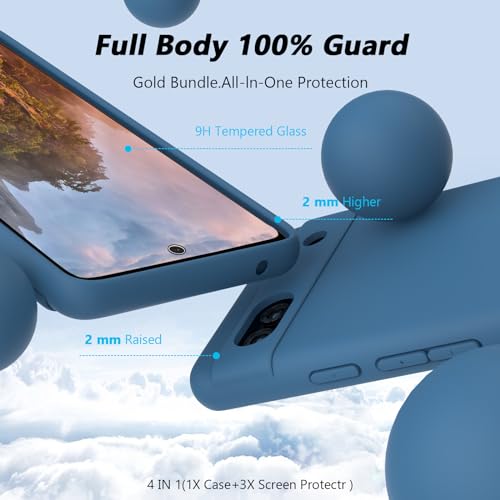 Neseovge for Google Pixel 7A Phone Case with 3 Pack Tempered Glass Screen Protectors, Soft Liquid Silicone TPU with Microfiber Liner Full-Body Protective Cover Case for Google Pixel 7A, Dark Blue