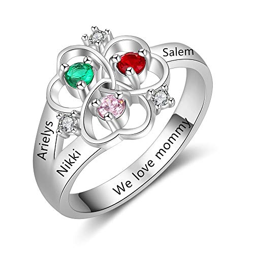 Personalized Mothers Rings with 3 Children Simulated Birthstones for Women Engraved Family Name Rings for Grandmother Mother Anniversary Promise Rings (Silver, 7)