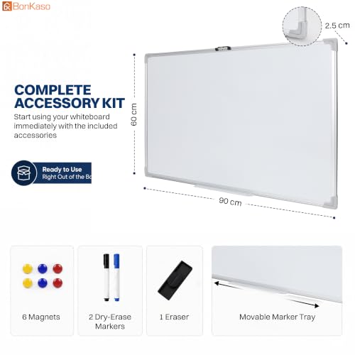 Image of Bonkaso Magnetic Dry Erase Whiteboard 90 x 60 cm with Aluminium Frame, Movable Marker Tray, 2 Markers, Eraser & 6 Magnets, Wall-Mounted Writing Board for Home Office School Classroom