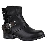  Gefütterte Damen Biker Boots Glitzer Stiefeletten Nieten Schuhe 150218 Schwarz Nieten 37 Flandell