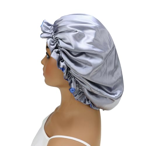 Adjustable Silk Satin Bonnet Hair Care Caps for Women Girls Loose-fitting Reversible Sleeping Cap Shower Caps Hair Wrap Bonnets (006 Royal/Silver)