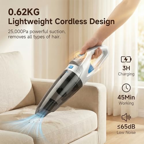 Image of Handheld Vacuum Cordless, 25000Pa Powerful Suction Car Vacuum Portable Cordless with 8000mAh Battery & LED Light, Hand Held Vacuum Rechargeable with HEPA Filters, Home, Car Seats, Pet Hair White