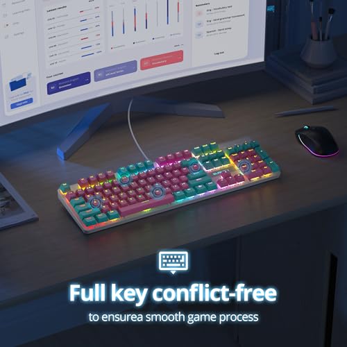 Image of surmen Full Size Pink Creamy Keyboard with Number Pad, 104 Keys RGB Wired Mechanical Gaming Keyboard Backlit with PBT Keycaps Linear Red Switch for Laptop Desktop PC Gamers(104 Miami)