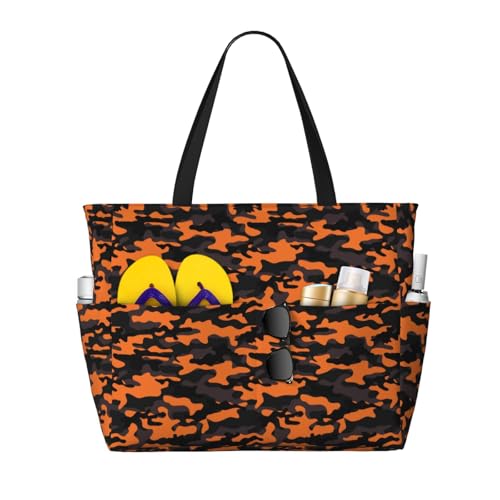 Large Beach Bags Water-resistant Sandproof - Orange Black Camouflage Cute Beach Tote Bags for Women with Zipper