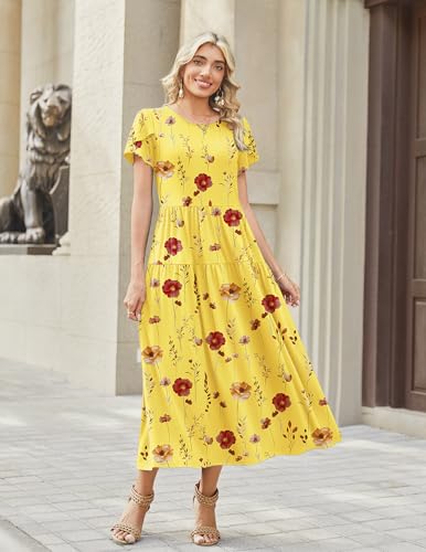 Image of Zeagoo Summer Dresses for Women 2026 Maxi Bohemian Floral Short Sleeve Long Dress Casual Flowy Tired Beach Sundress