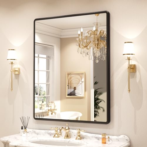 New Upgrade Bathroom Mirror, 24X36 Inch Black Metal Frame Wall Mounted Rounded Rectangle Bathroom Vanity Mirror with Tempered Glass for Washroom Bedroom Living Room