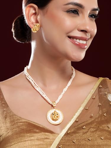 Image of Rubans Womens 24K Gold-Plated Divine Ganesh Motif White Pearl Studded & Beaded Multistrand Necklace Set