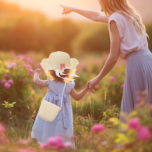 Daisy Straw Hat Bag Set Girls Straw Sun Hat Daisy Pattern Cute Floral Design for Kids Summer Beach Fun 5.51x4.33x0.78 Inches Milky White4