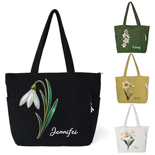 callie moment Personalized Corduroy Tote Bag for Women Custom Large Zipper Shoulder Bag HandBags with Pocket Birth Flower & Name for Work Travel Shopping Beach Mothers Day Birthday Gifts for Women
