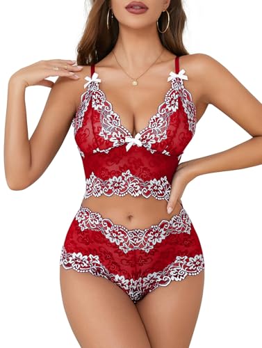 Image of Lilosy Sexy Lingerie for Women Lace Pajamas Set Cami Bra and Panty High Waist Sheer Sleepwear 2 Piece 2XS-6XL