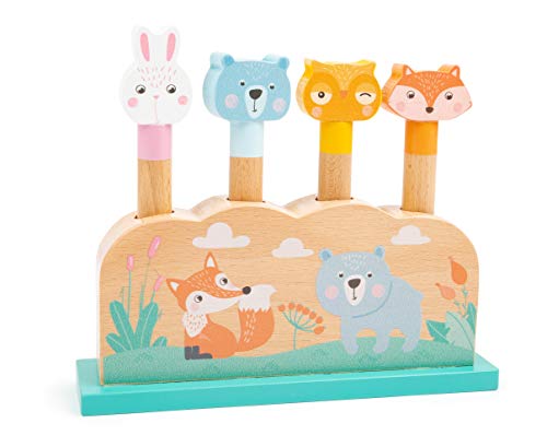 11474 Divertenti Animali salterini Small Foot in Legno, 4 Simpatici Animali da Spingere Verso Il Basso per Farli Poi Saltare allegramente in Altezza