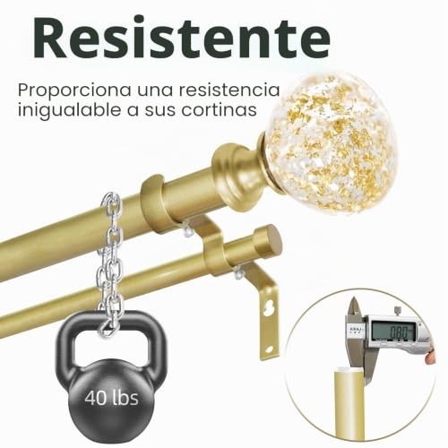 Miniatura 4 de Barra De Cortina Doble De Lámina Dorada Para Ventanas De 66 A 120 Pulgadas: Barra De Cortina De Doble Tratamiento De Ventana, Resistente, Ajustable De 66 A 120 Pulgadas, Remates De Resina De Lámina